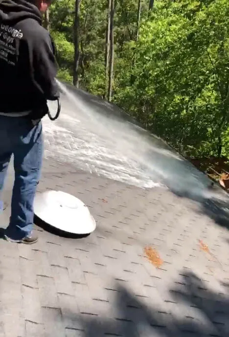 Technician in a branded hoodie soft washing a shingle roof, spray fanning toward the tree line